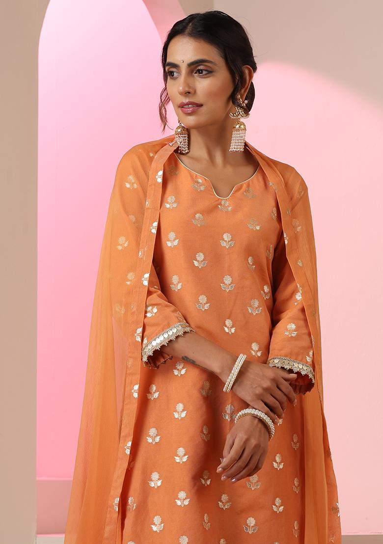 Orange Embroidered Chanderi Salwar Kameez With Dupatta