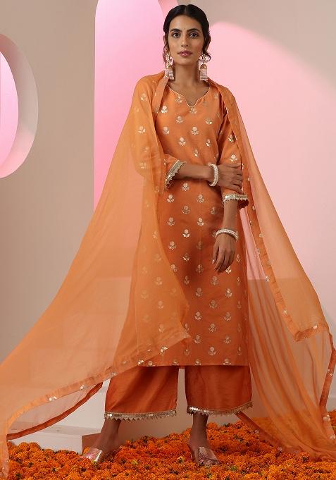Orange Embroidered Chanderi Salwar Kameez With Dupatta