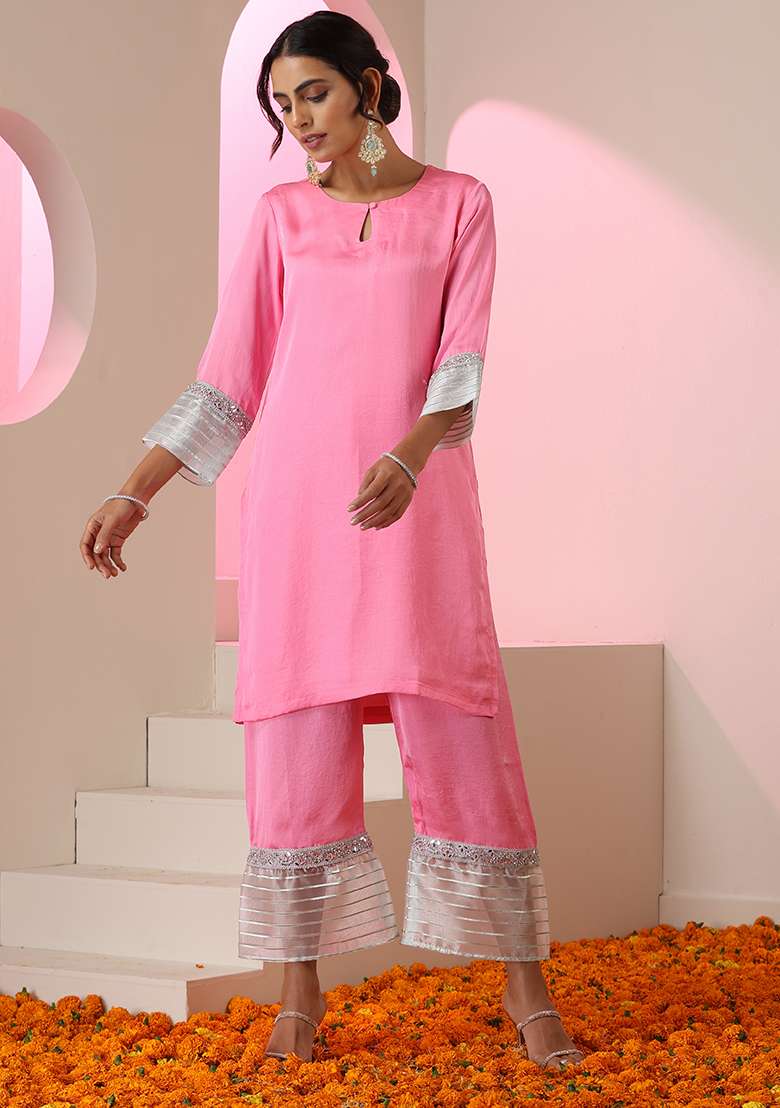 Pink Embroidered Silk Blend Straight Kurta Set - Indya