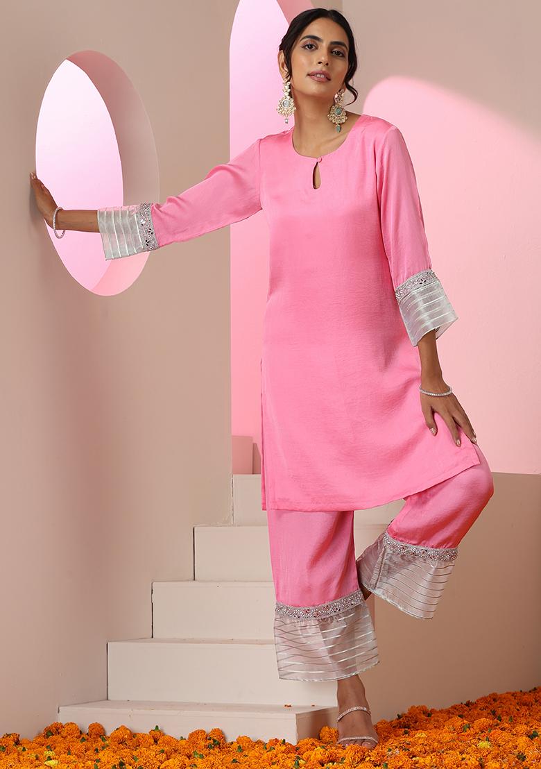 Pink Embroidered Silk Co Ord Set