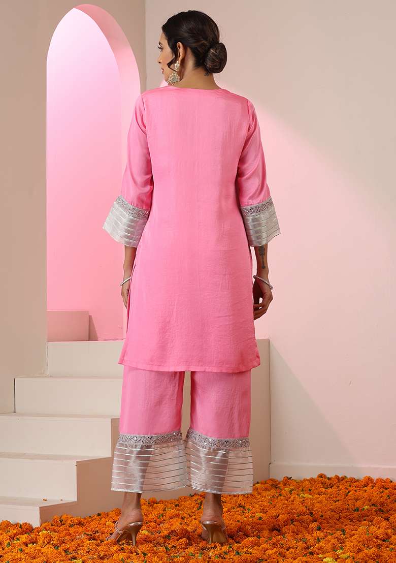 Pink Embroidered Silk Blend Straight Kurta Set - Indya