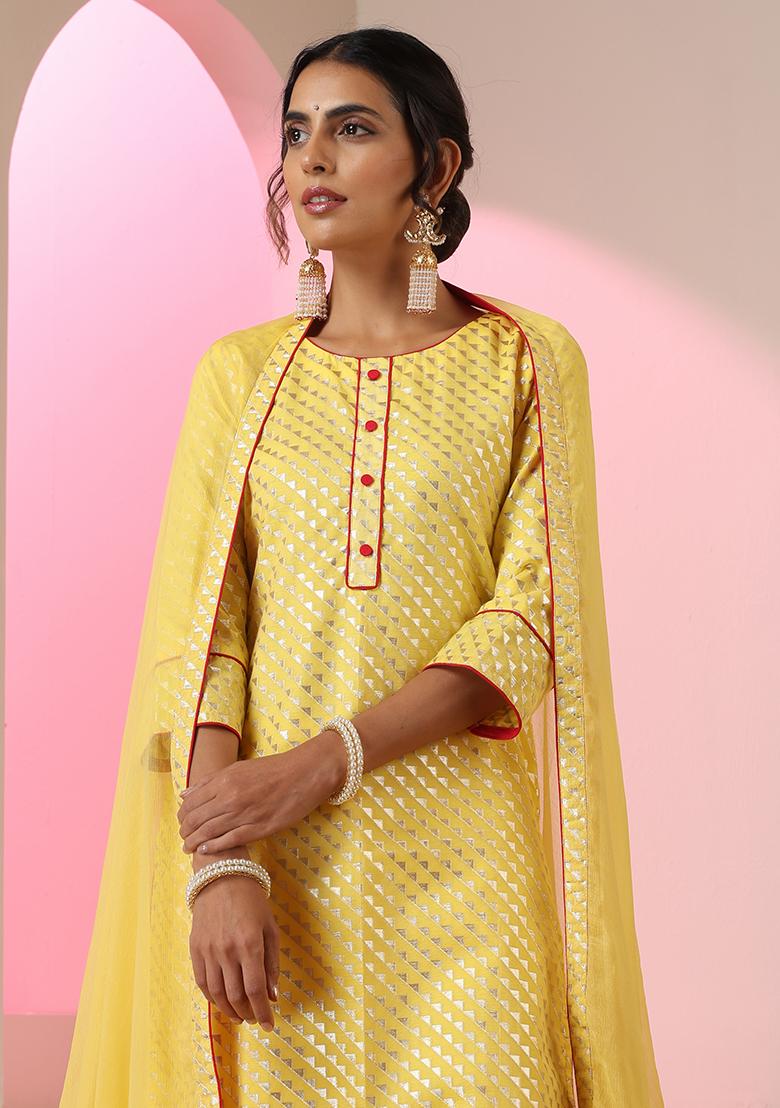 Yellow Embroidered Chanderi Salwar Kameez With Dupatta
