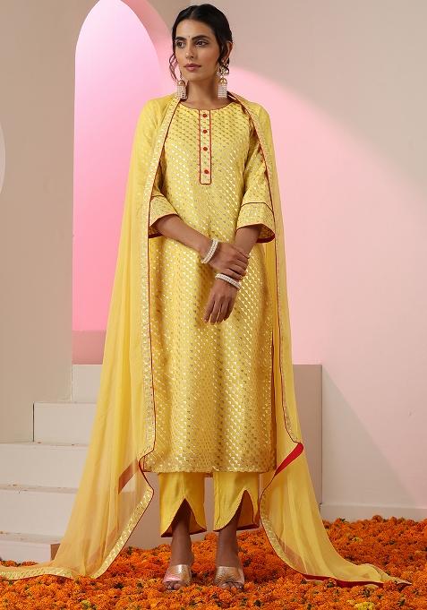 Yellow Embroidered Chanderi Salwar Kameez With Dupatta