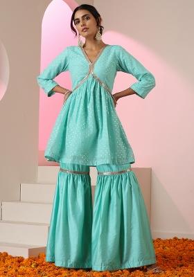 Mint Embroidered Chanderi Salwar Kameez With Dupatta