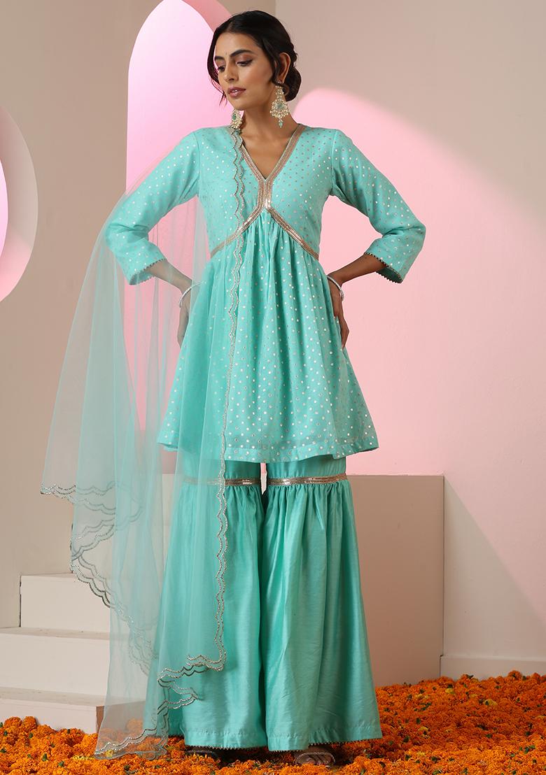 Mint Embroidered Chanderi Salwar Kameez With Dupatta