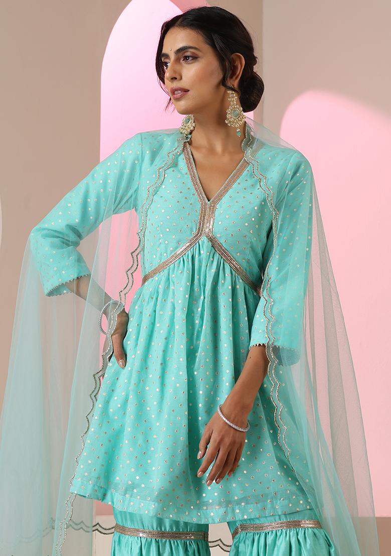 Mint Embroidered Chanderi Salwar Kameez With Dupatta