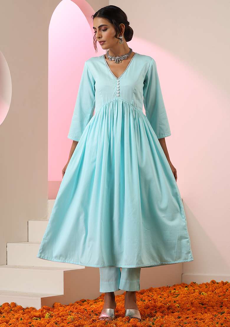 Sky Blue Solid Cotton Anarkali With Dupatta - Indya