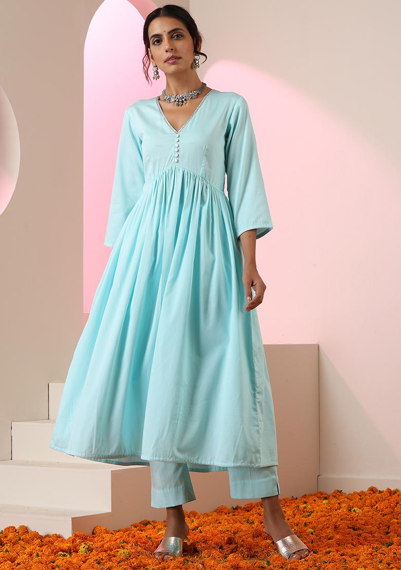 Sky Blue Embroidered Cotton Anarkali Set