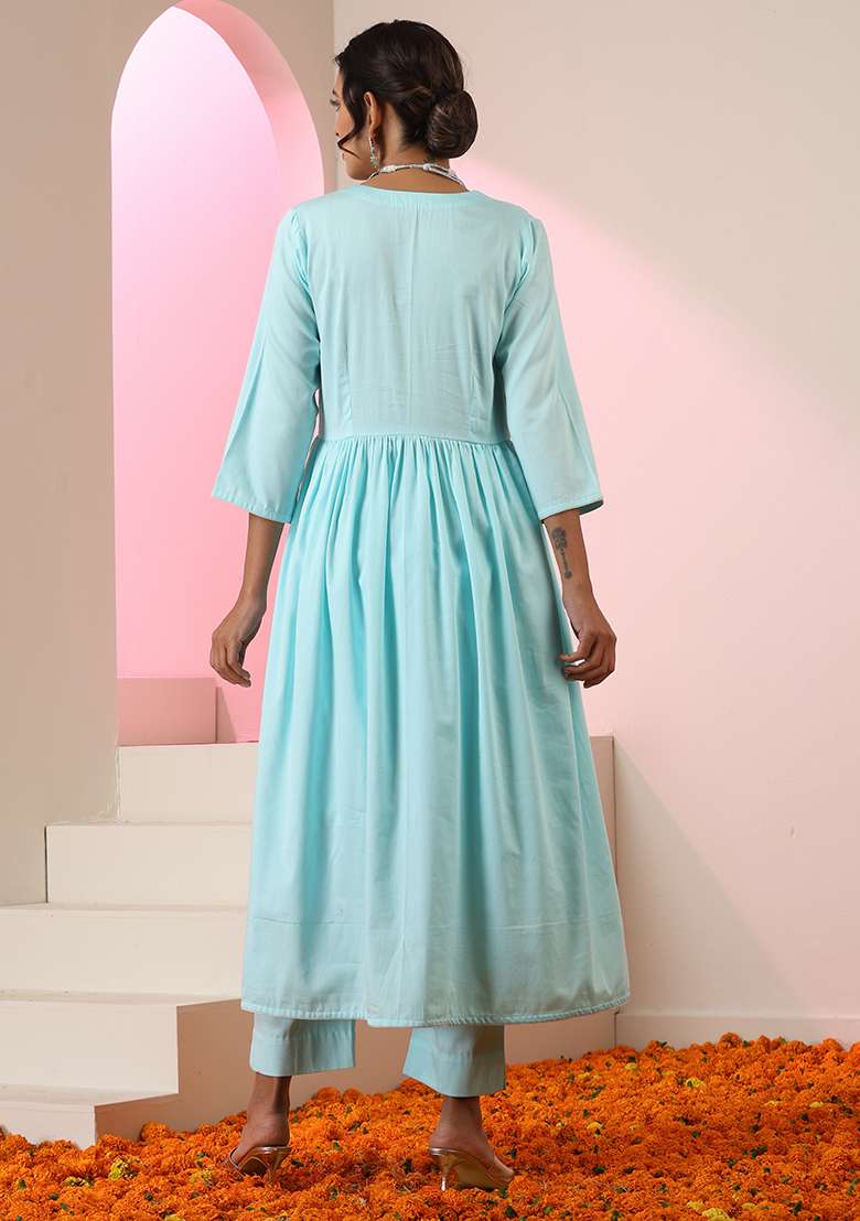 Sky Blue Solid Cotton Anarkali With Dupatta - Indya