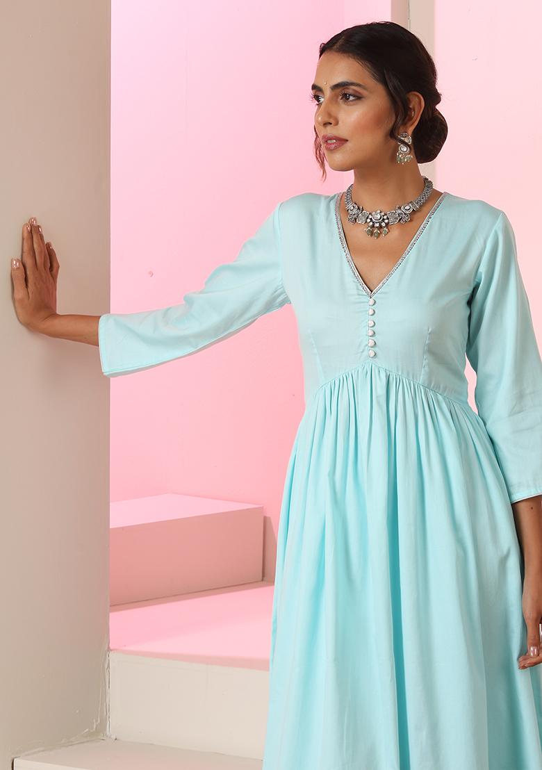 Sky Blue Embroidered Cotton Anarkali Set