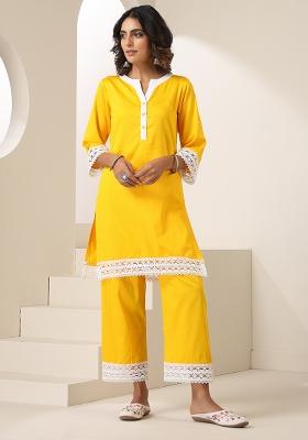Yellow Embroidered Cotton Co Ord Set