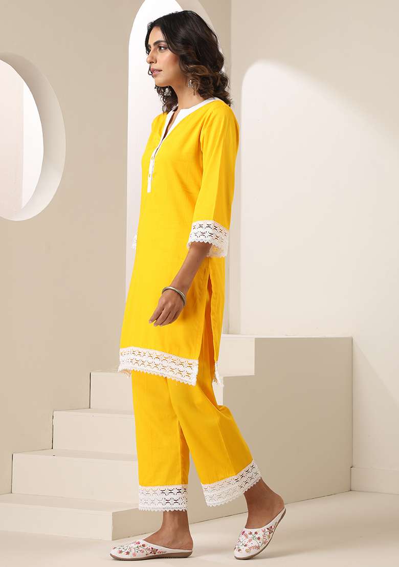 Yellow Solid Cotton Co Ord Set - Indya