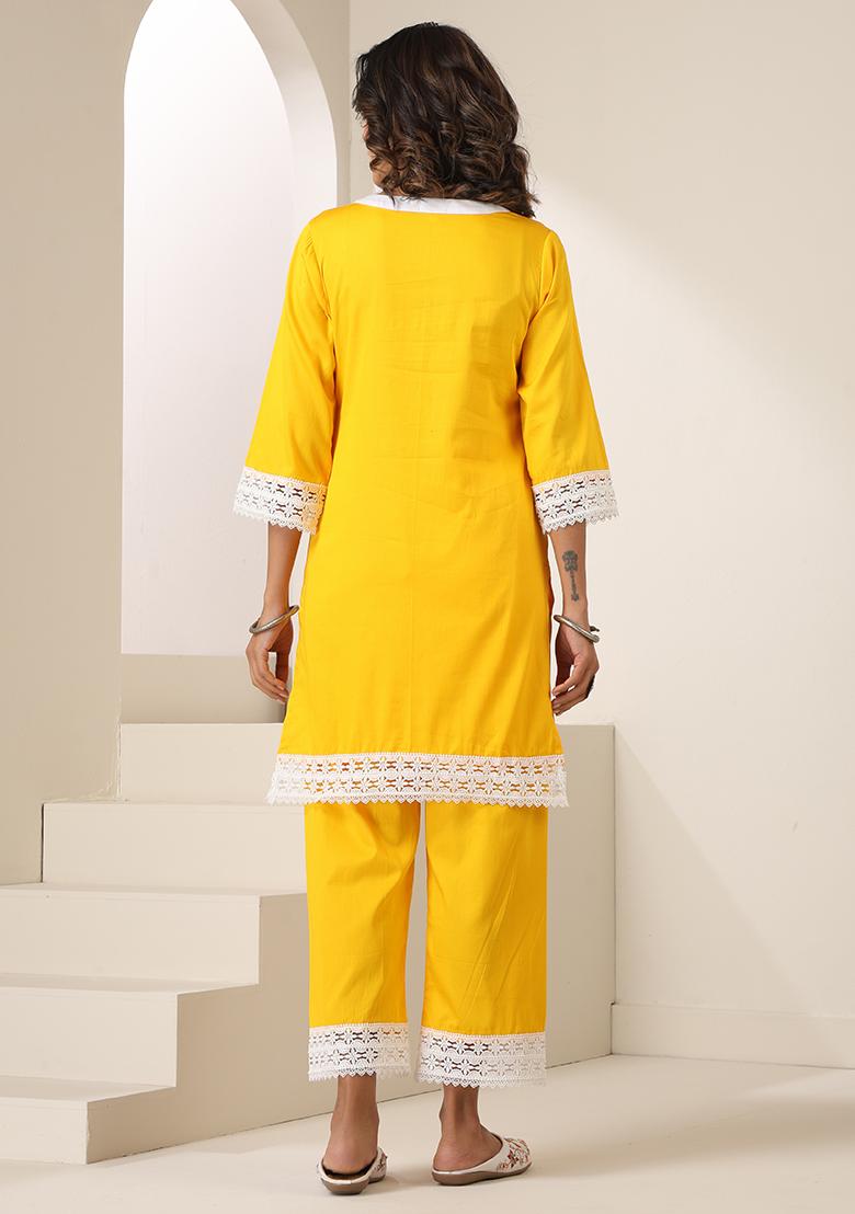 Yellow Embroidered Cotton Co Ord Set