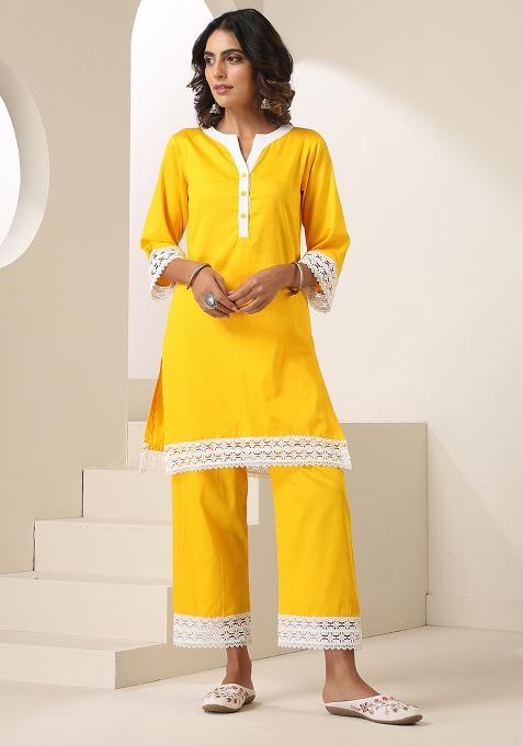 Yellow Embroidered Cotton Co Ord Set
