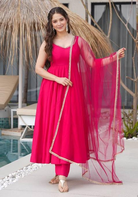Pink Embroidered Silk Anarkali Style Salwaar Kameez Set