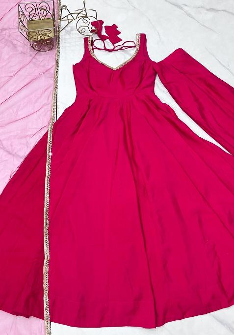 Pink Embroidered Silk Anarkali Style Salwaar Kameez Set