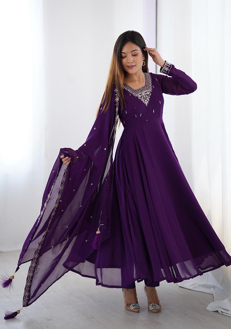 Purple Embroidered Georgette Anarkali Style Salwaar Kameez Set