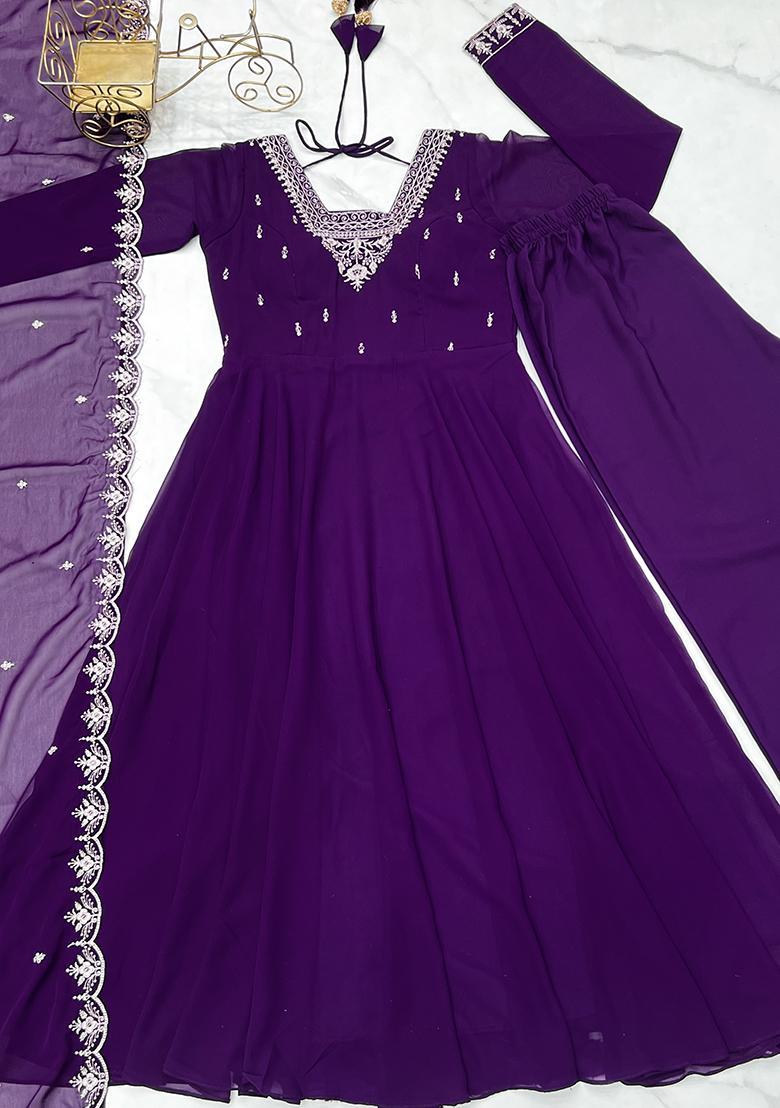 Purple Embroidered Georgette Anarkali Style Salwaar Kameez Set