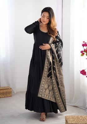 Black Embroidered Silk Anarkali Set With Dupatta