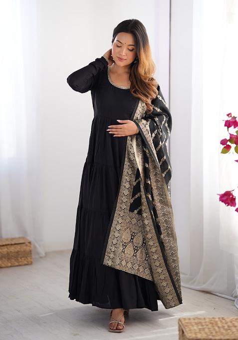 Black Embroidered Silk Anarkali With Dupatta