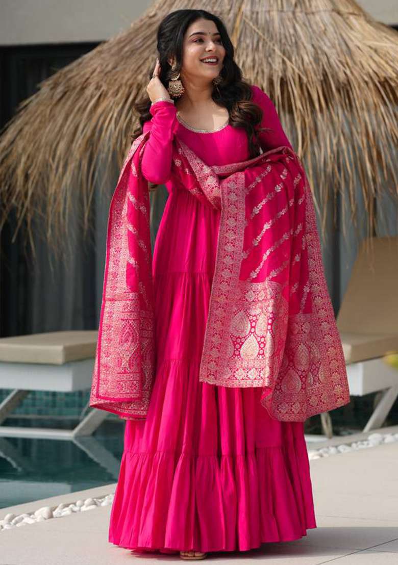 Rani Pink Solid Silk Blend Anarkali With Dupatta - Indya