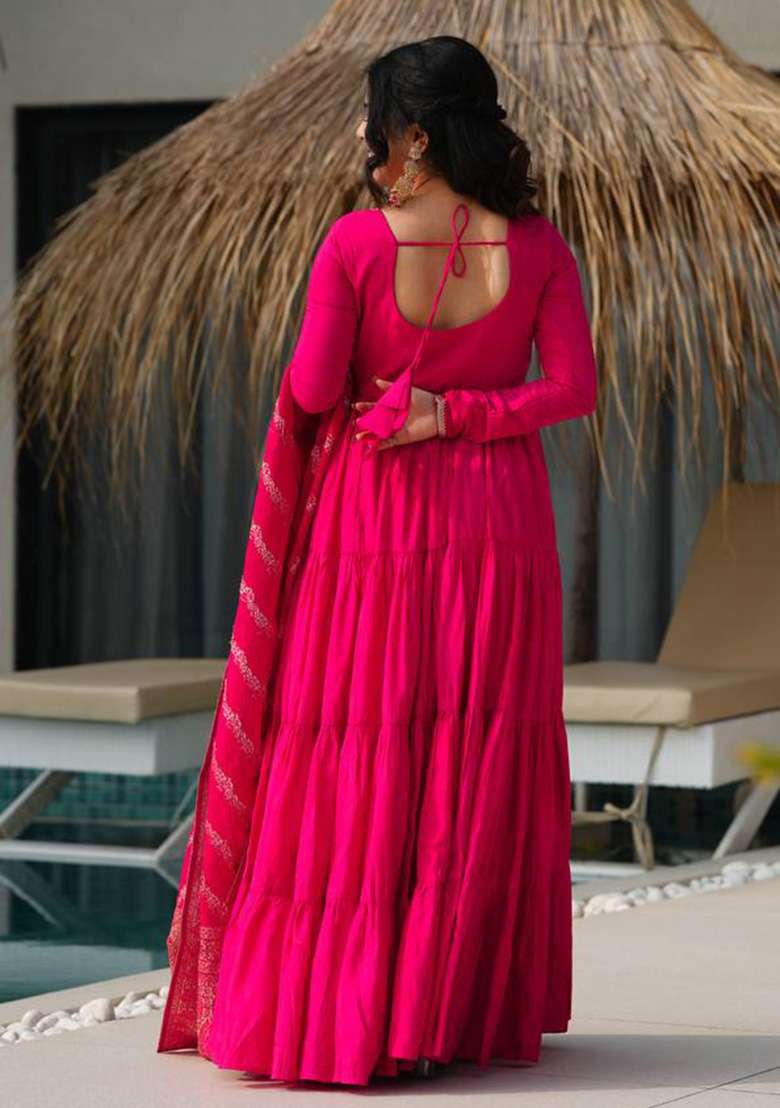 Rani Pink Solid Silk Blend Anarkali With Dupatta - Indya