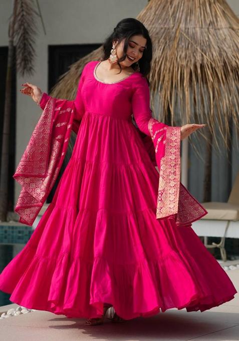 Rani Pink Embroidered Silk Anarkali With Dupatta