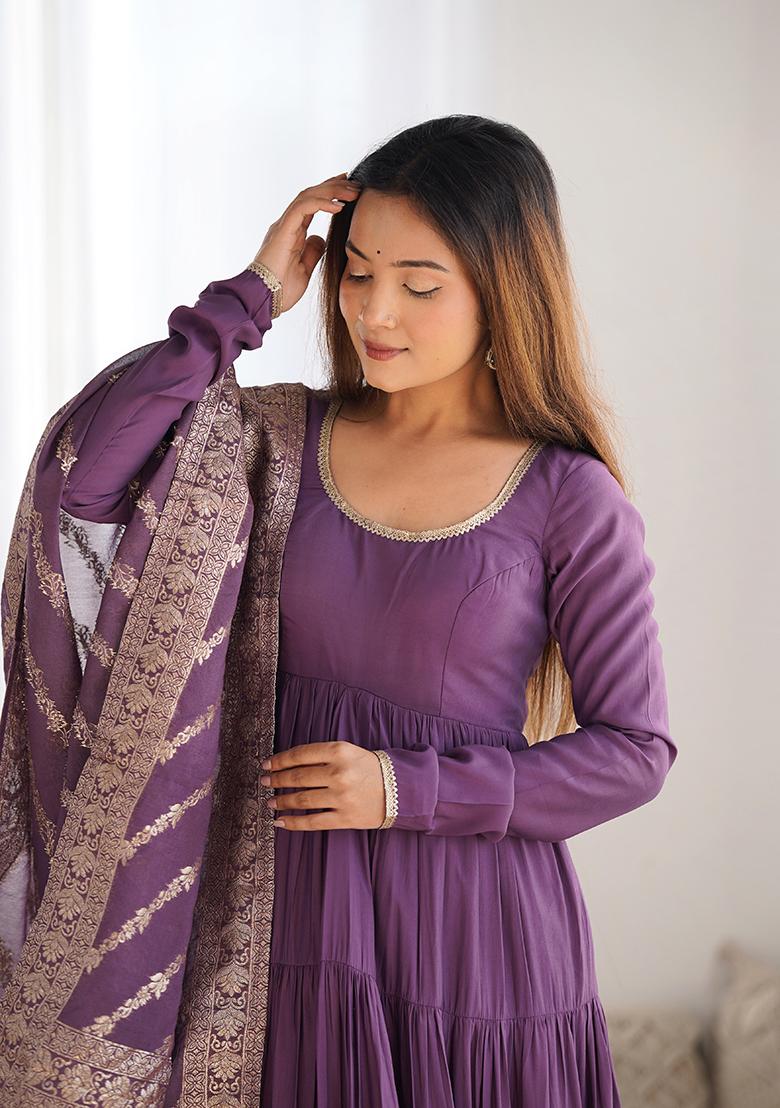 Mauve Embroidered Silk Anarkali Set With Dupatta - Indya