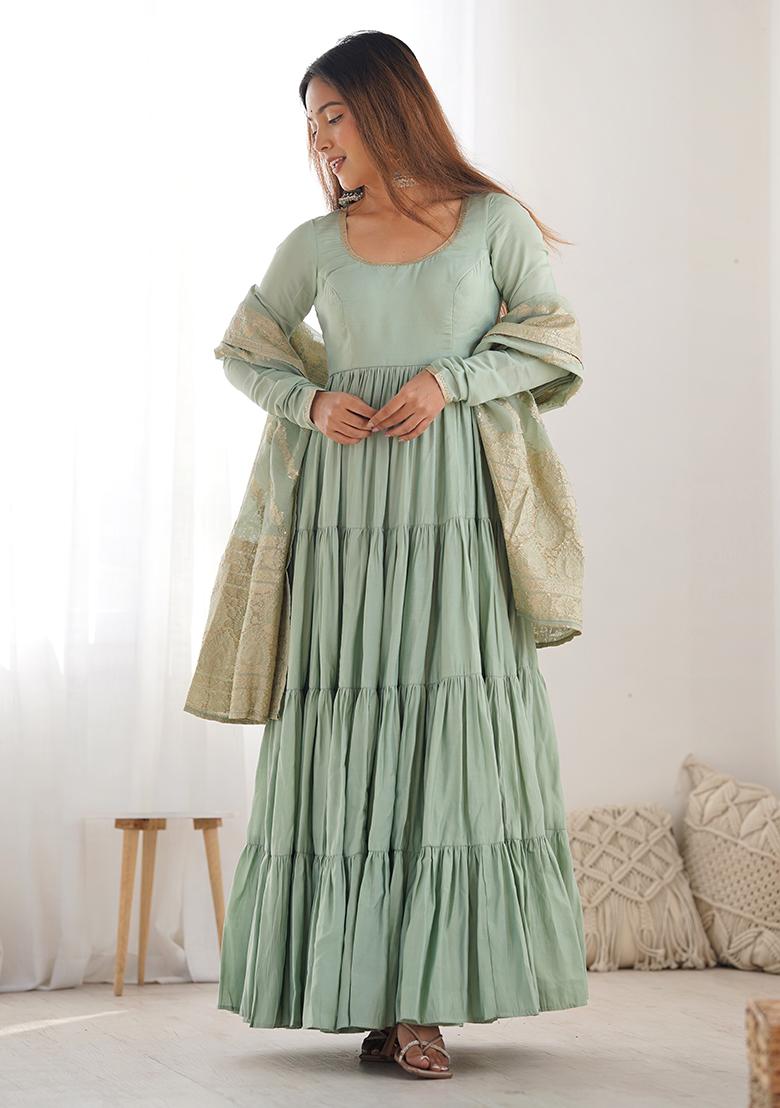 Light Sea Green Embroidered Silk Anarkali Set With Dupatta