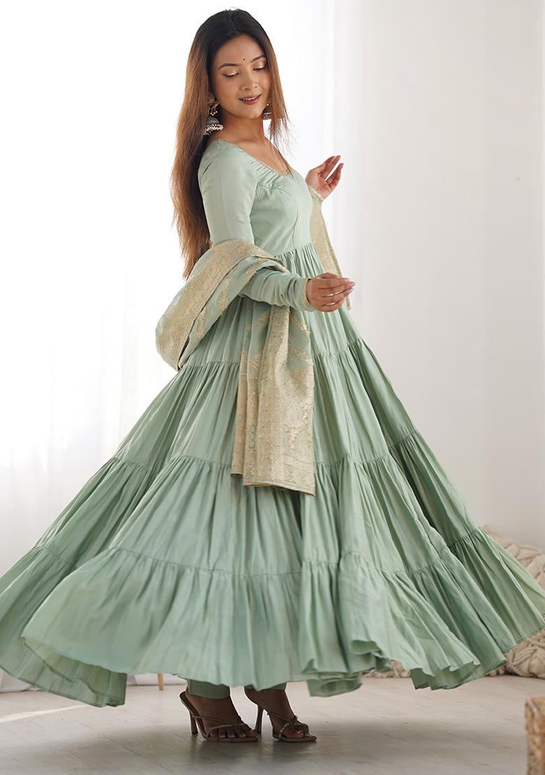 Light Sea Green Embroidered Silk Anarkali Set With Dupatta