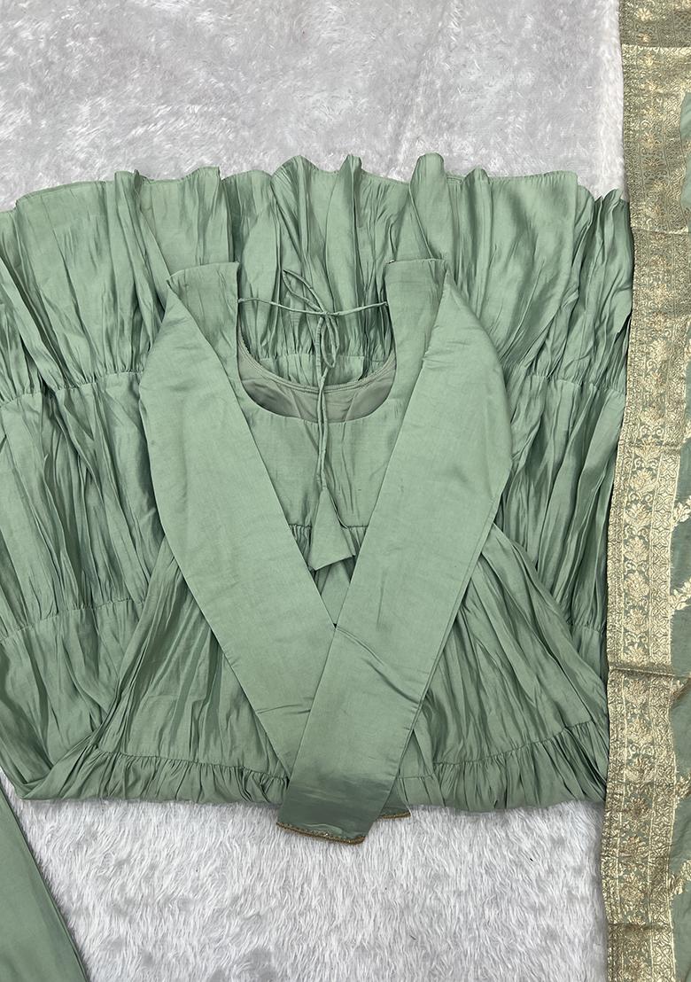 Light Sea Green Embroidered Silk Anarkali Set With Dupatta