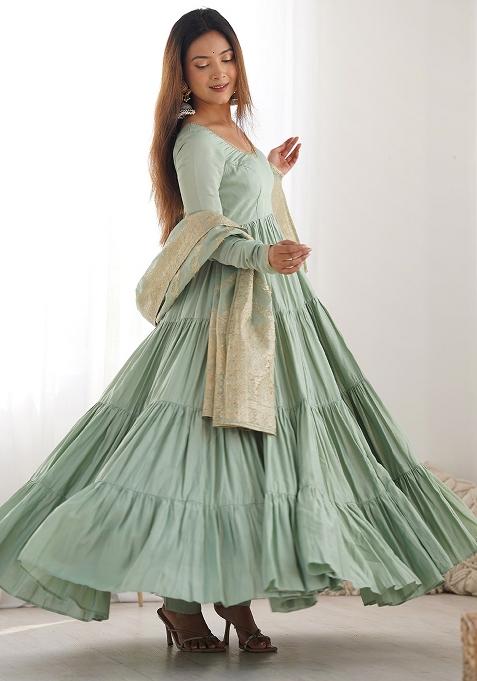 Light Sea Green Embroidered Silk Anarkali Set With Dupatta