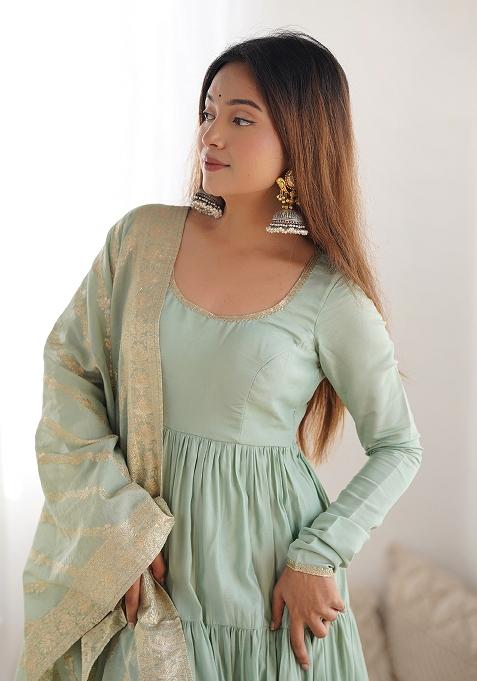Light Sea Green Embroidered Silk Anarkali Set With Dupatta
