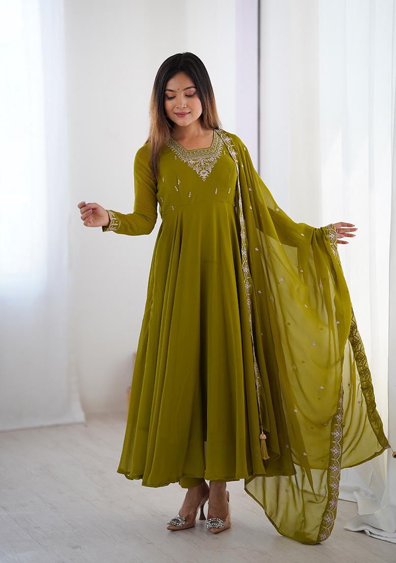 Olive Embroidered Georgette Anarkali Style Salwaar Kameez Set
