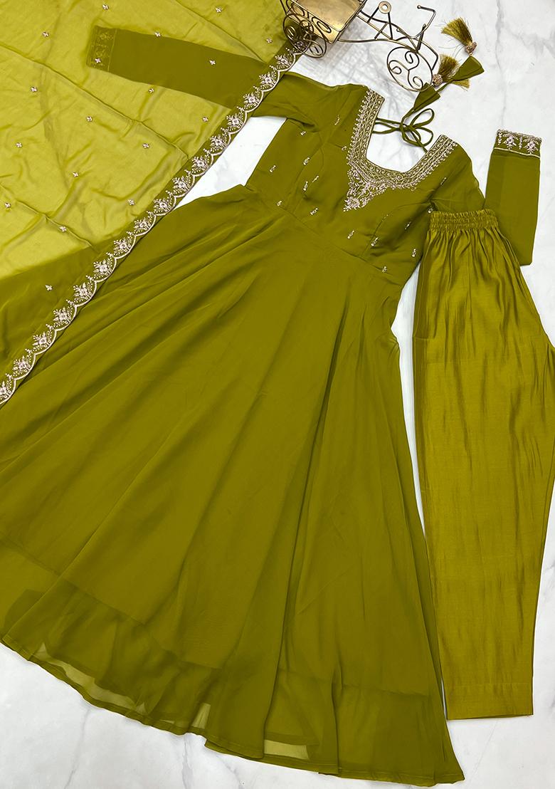 Olive Embroidered Georgette Anarkali Style Salwaar Kameez Set