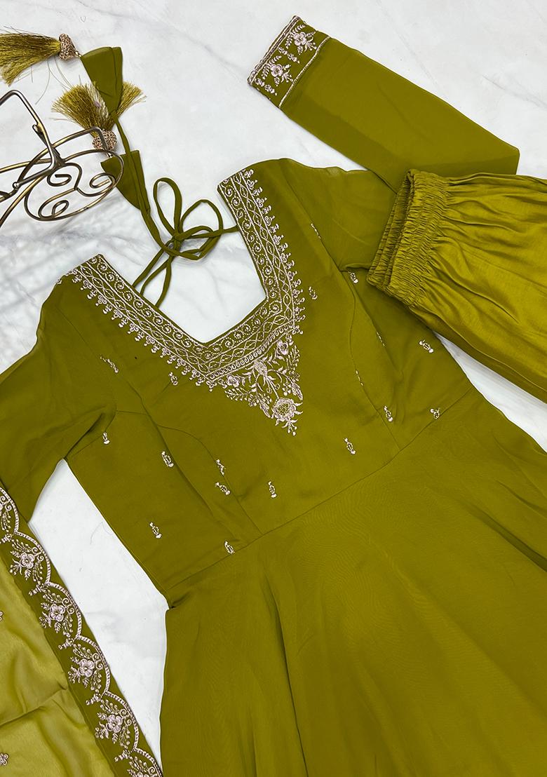 Olive Embroidered Georgette Anarkali Style Salwaar Kameez Set