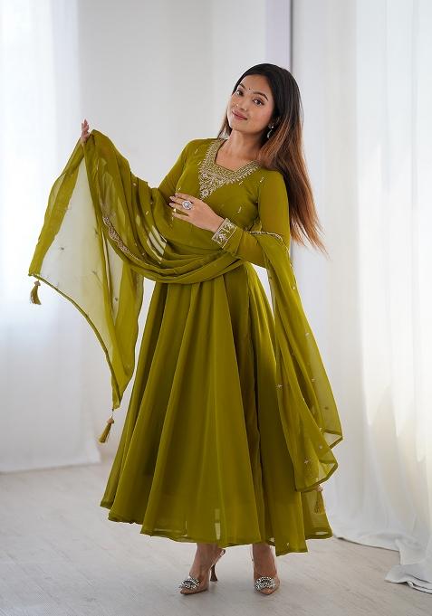 Olive Embroidered Georgette Anarkali Style Salwaar Kameez Set