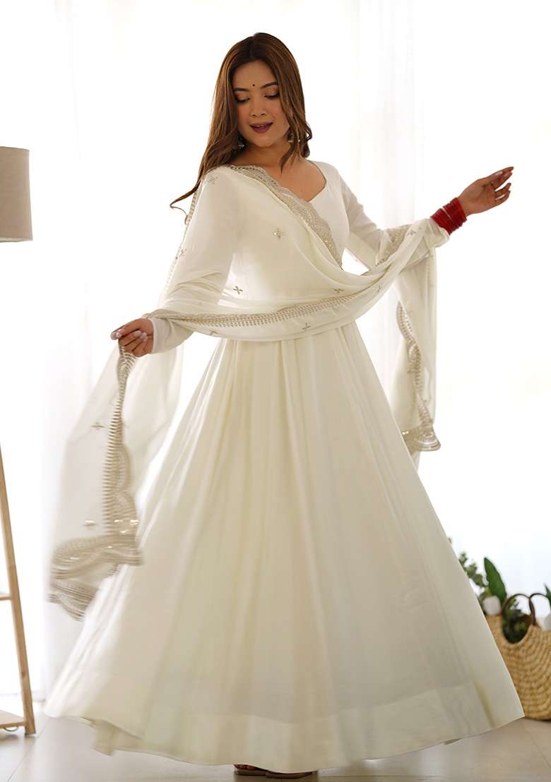 Off White Solid Silk Blend Anarkali With Dupatta - Indya