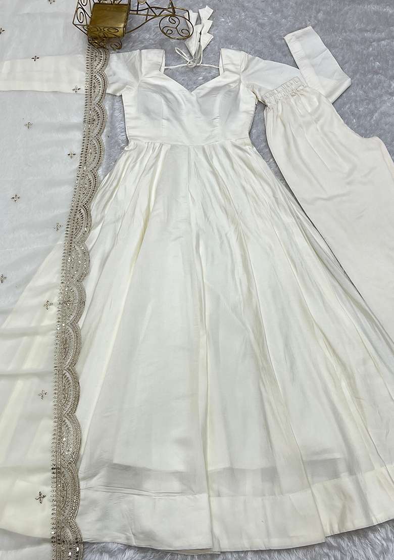 Off White Solid Silk Blend Anarkali With Dupatta - Indya