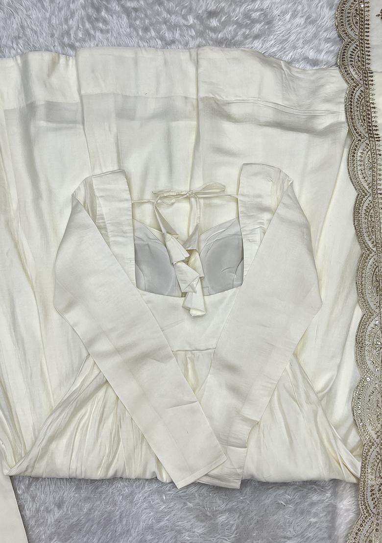 Off White Embroidered Silk Anarkali Set With Dupatta - Indya