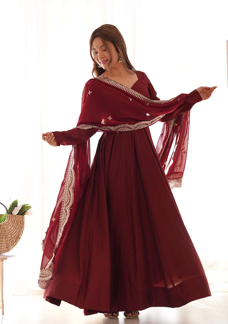 Maroon Embroidered Silk Blend Anarkali With Dupatta - Indya