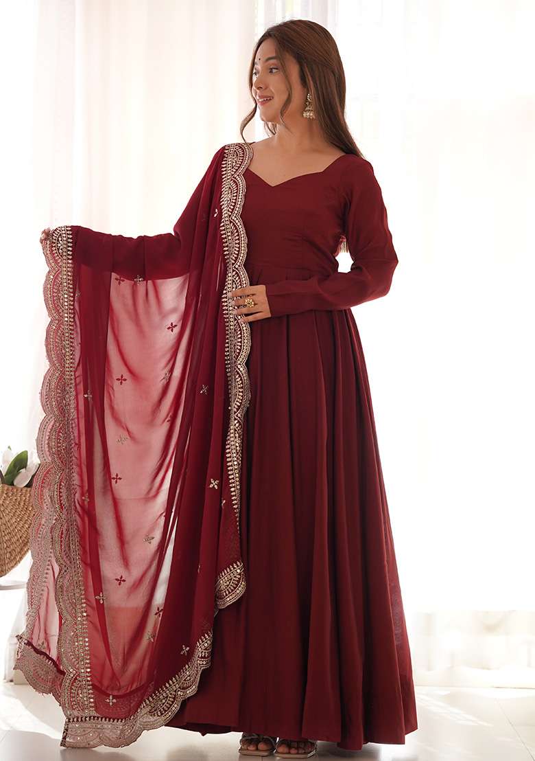 Maroon Embroidered Silk Blend Anarkali With Dupatta - Indya