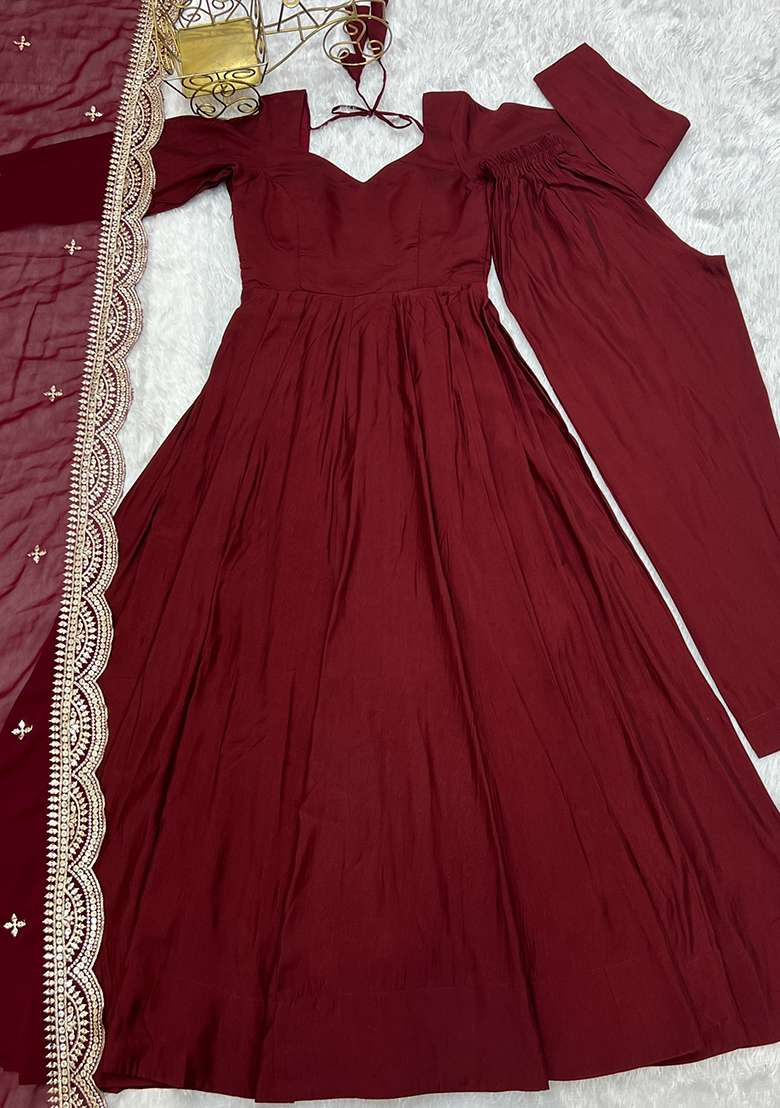 Maroon Embroidered Silk Blend Anarkali With Dupatta - Indya