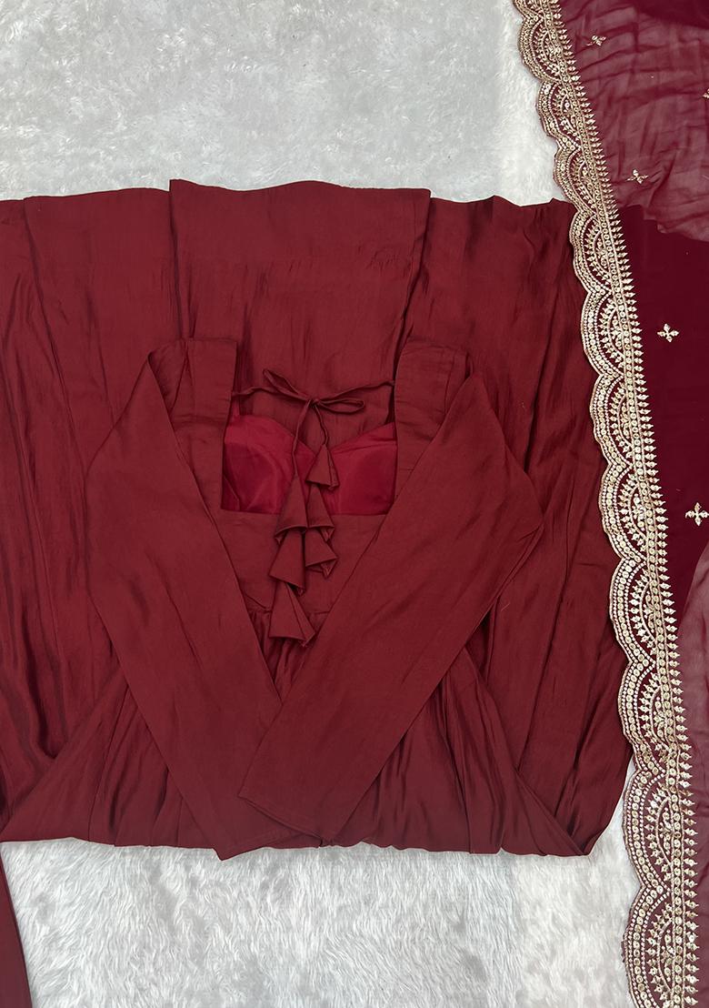 Maroon Embroidered Silk Anarkali Set With Dupatta - Indya