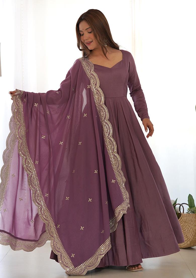 Mauve Embroidered Silk Anarkali Style Salwaar Kameez Set