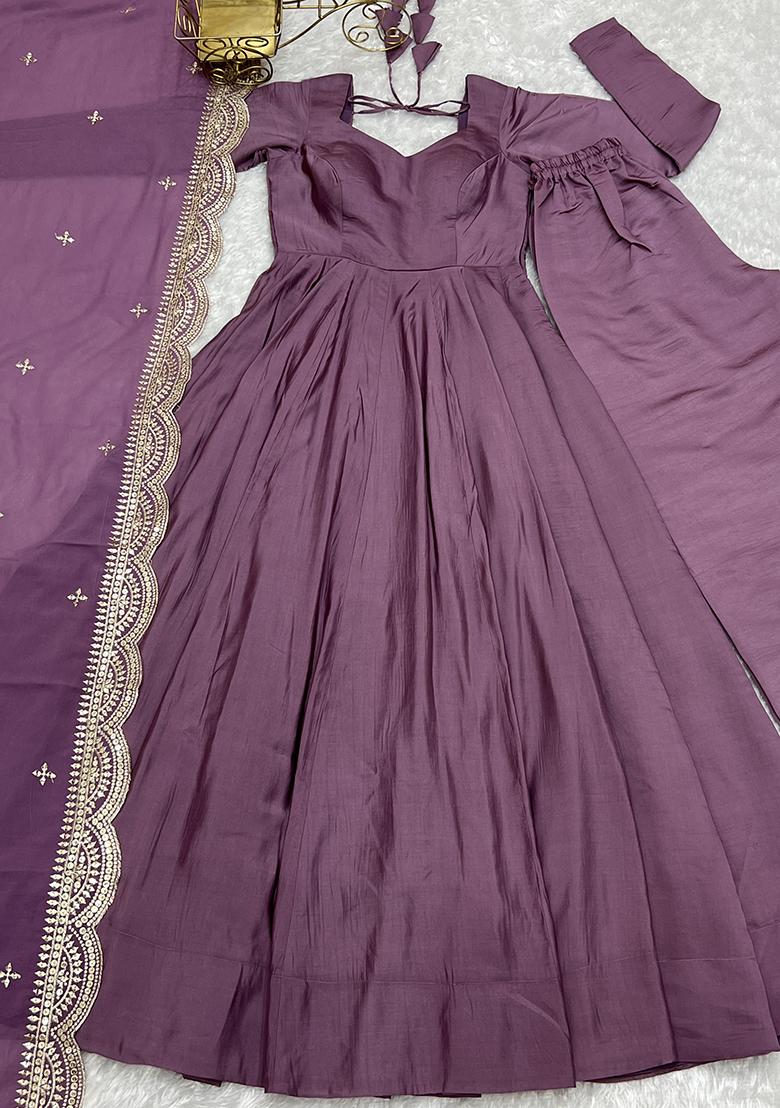 Mauve Embroidered Silk Anarkali Style Salwaar Kameez Set