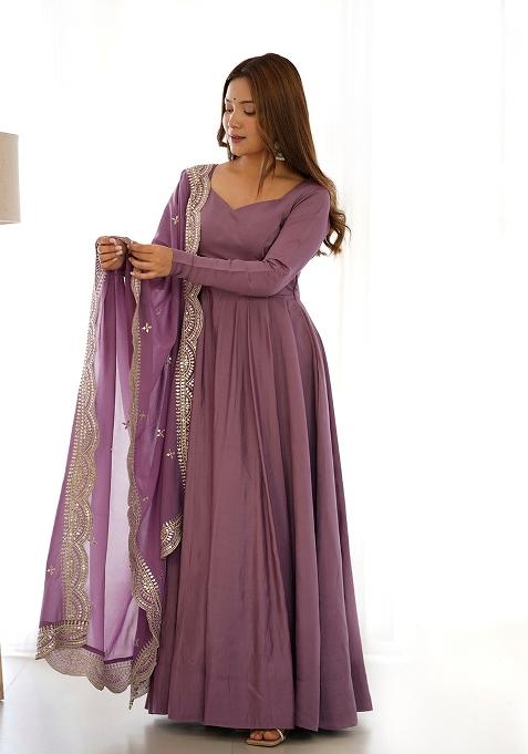 Mauve Embroidered Silk Anarkali Style Salwaar Kameez Set