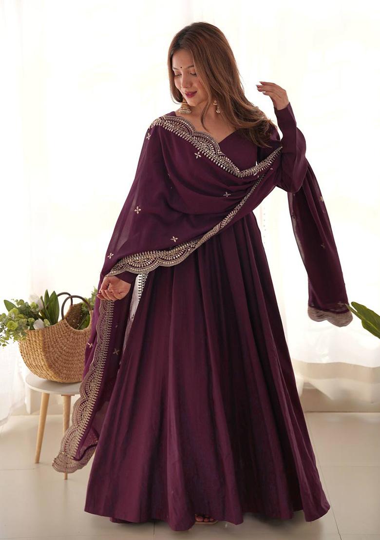 Wine Embroidered Silk Anarkali Style Salwaar Kameez Set