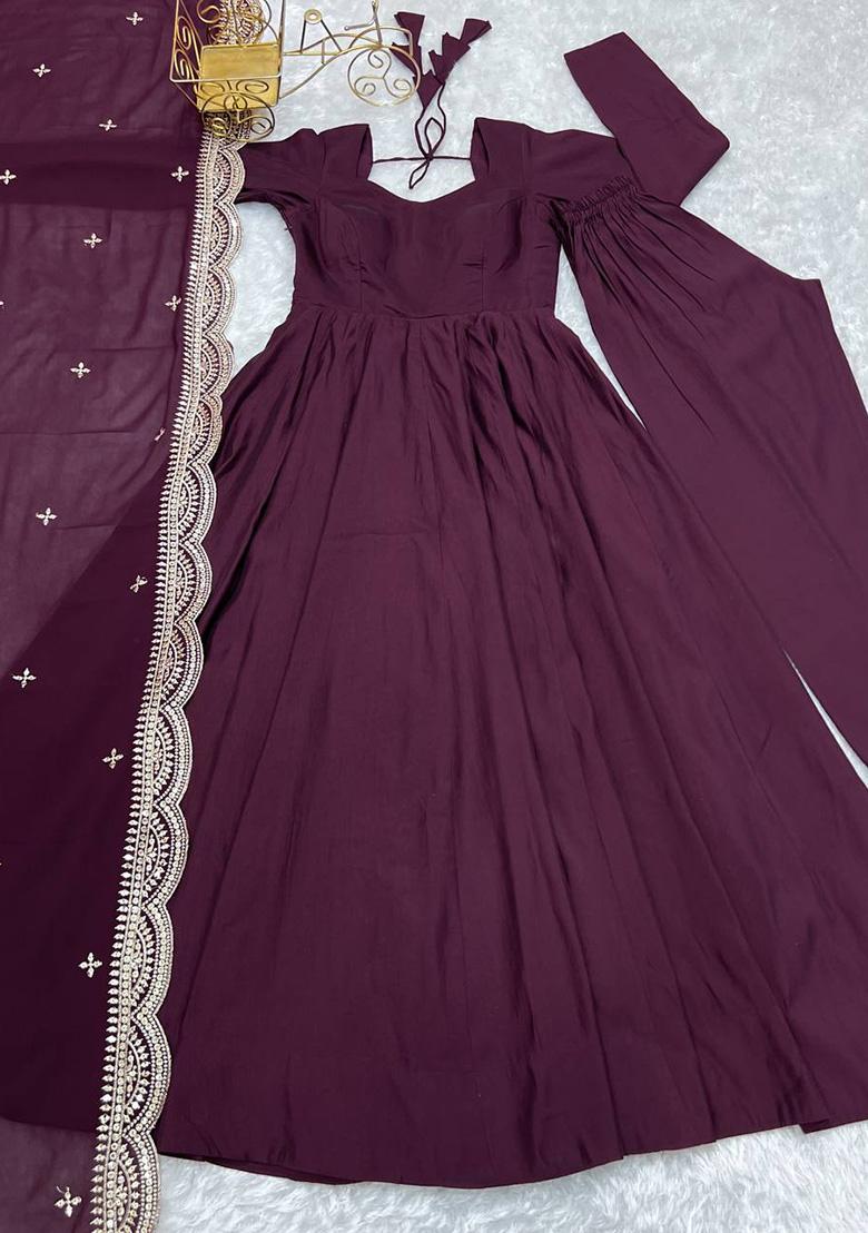 Wine Embroidered Silk Anarkali Style Salwaar Kameez Set