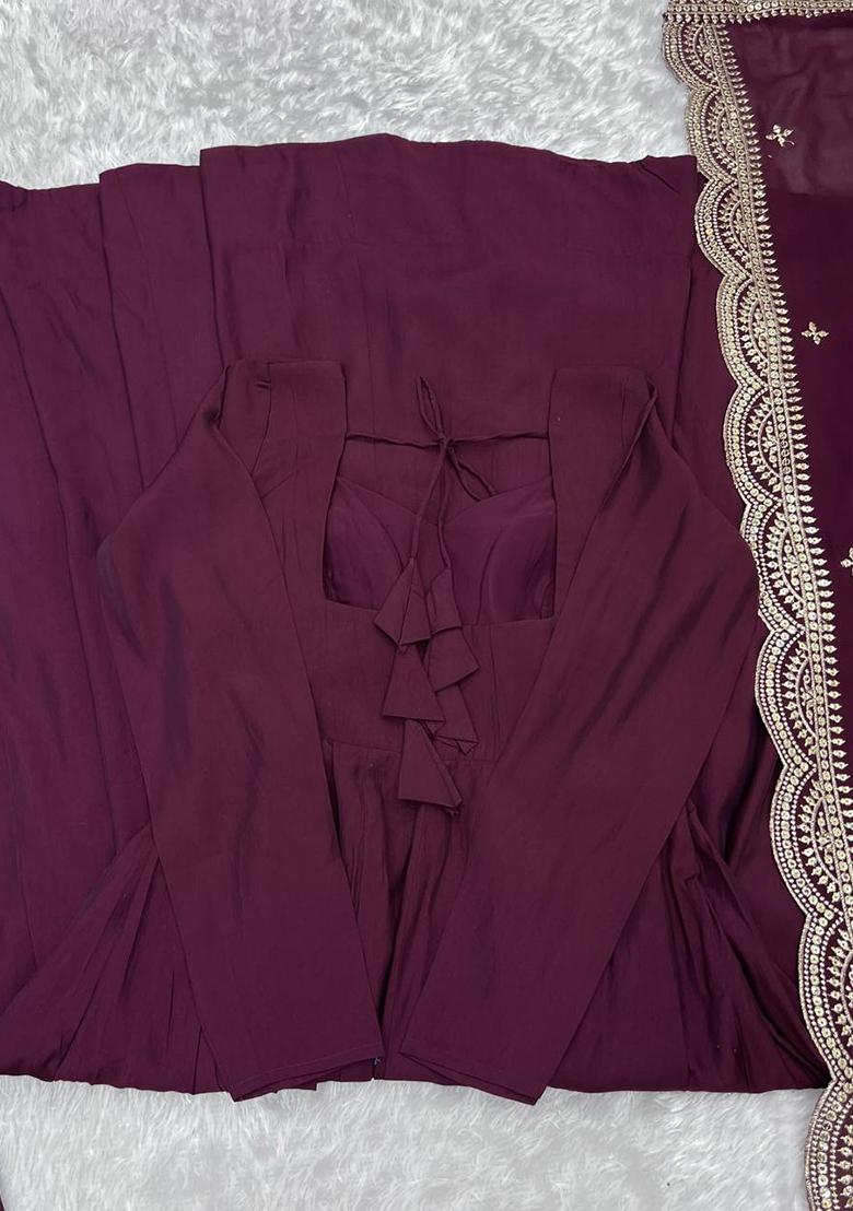 Wine Embroidered Silk Anarkali Style Salwaar Kameez Set
